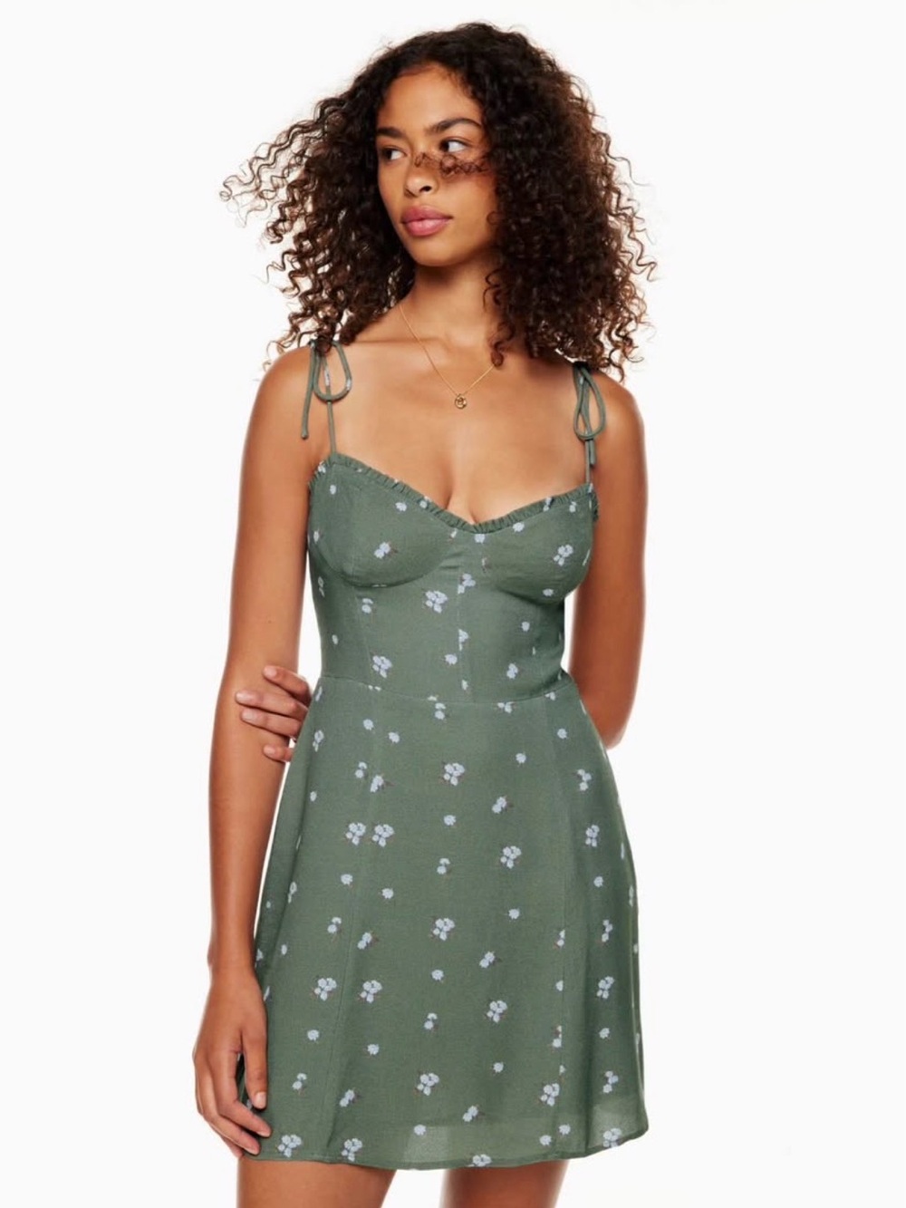 Aritzia Tie-Shoulder Floral Mini Dress in Olive Green